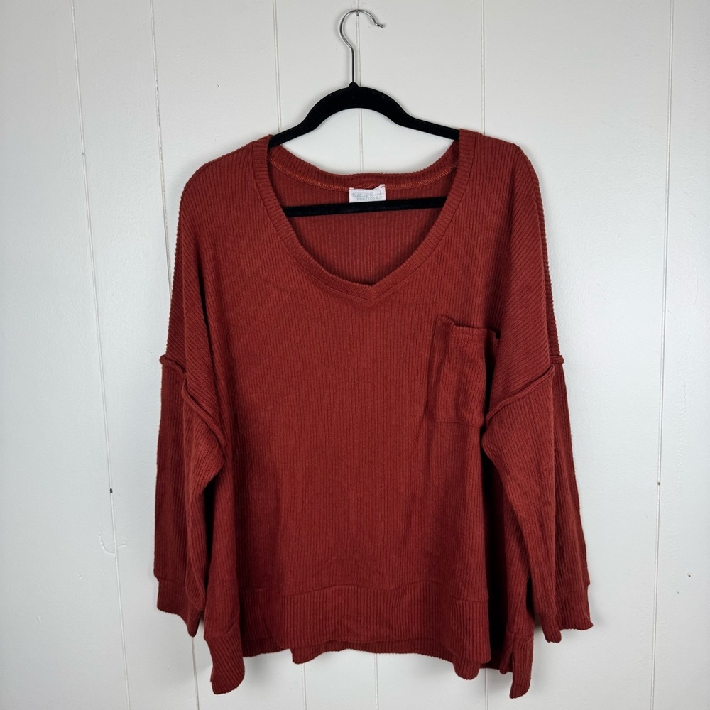 Rolling Ranch Boutique Rust Ribbed V-Neck Oversized Top L/XL Soft Knit
